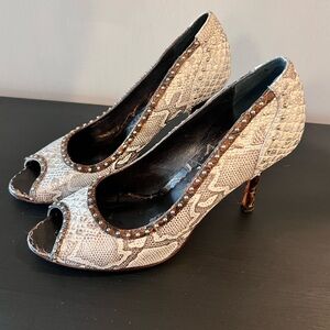 Beverly Feldman Snakeskin Peep-Toe 3” Heels with silver studs size 8